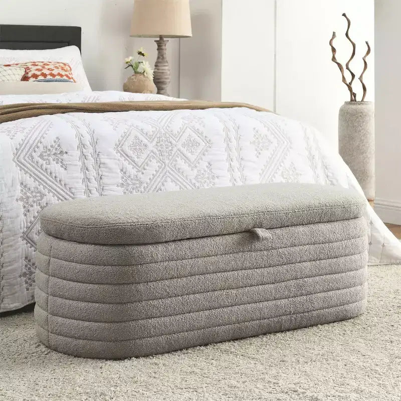 Banc de rangement ottoman rembourré, repose-pieds rembourré avec charnière de sécurité, tissu lin, 47 cm P x 115,5 cm L, gris