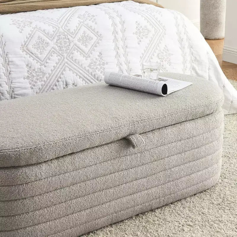 Banc de rangement ottoman rembourré, repose-pieds rembourré avec charnière de sécurité, tissu lin, 47 cm P x 115,5 cm L, gris