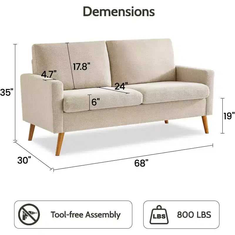 Canapé causeuse 68", petit canapé moderne du milieu du siècle pour salon, 2 places en tissu de lin avec coussin profond et cadre en bois massif