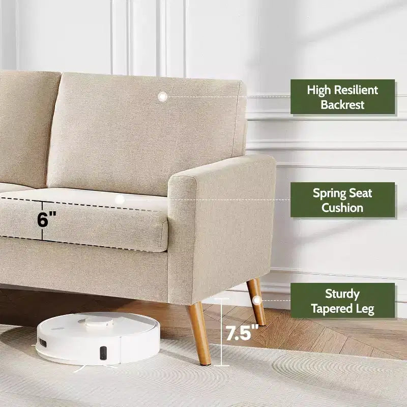 Canapé causeuse 68", petit canapé moderne du milieu du siècle pour salon, 2 places en tissu de lin avec coussin profond et cadre en bois massif