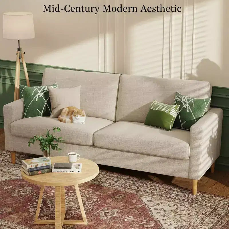Canapé causeuse 68", petit canapé moderne du milieu du siècle pour salon, 2 places en tissu de lin avec coussin profond et cadre en bois massif
