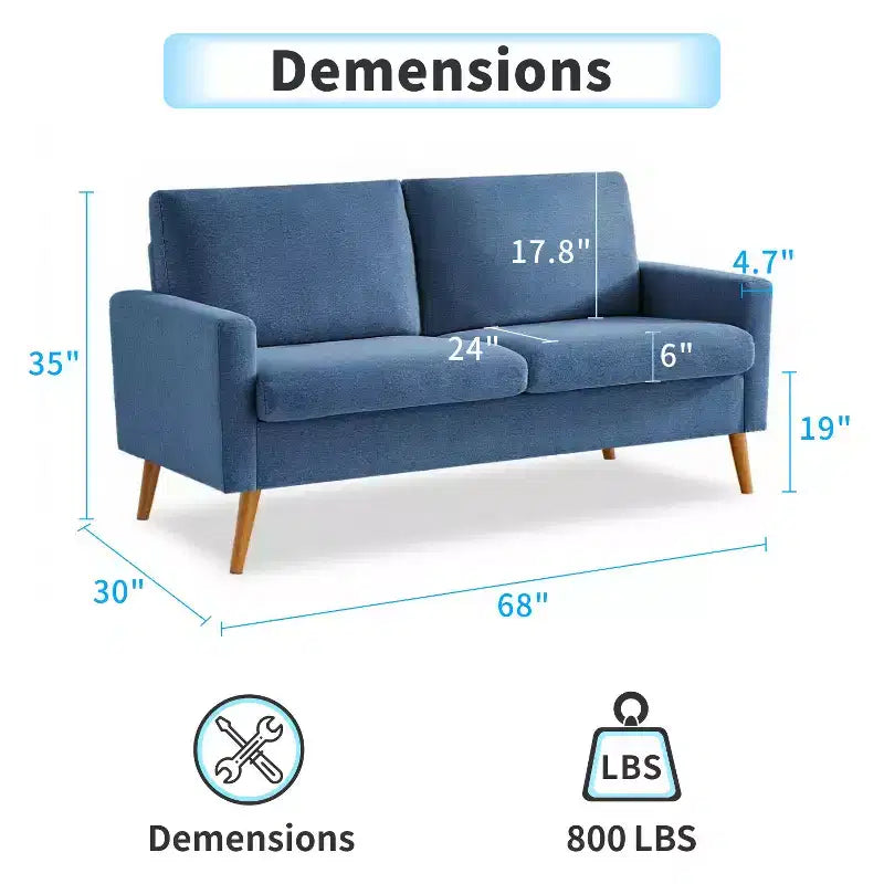 Canapé causeuse 68", petit canapé moderne du milieu du siècle pour salon, 2 places en tissu de lin avec coussin profond et cadre en bois massif