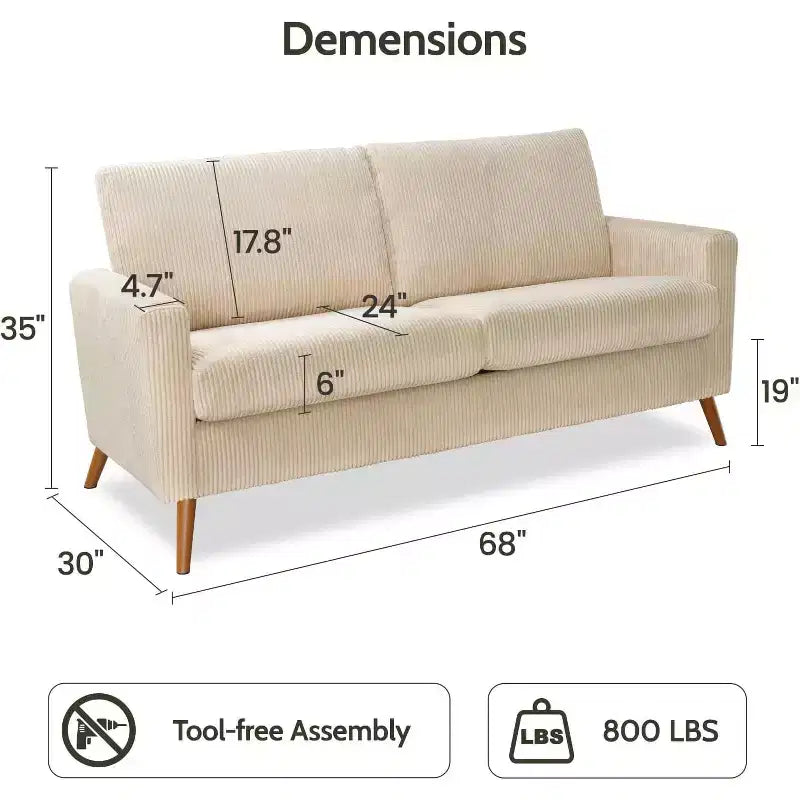 Canapé causeuse 68", petit canapé moderne du milieu du siècle pour salon, 2 places en tissu de lin avec coussin profond et cadre en bois massif