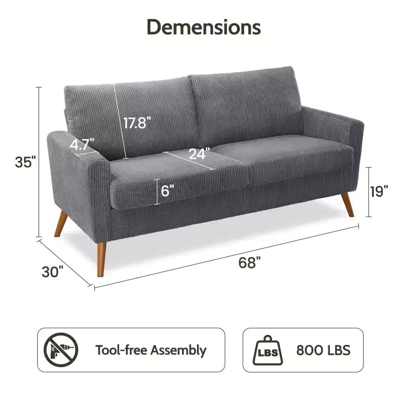 Canapé causeuse 68", petit canapé moderne du milieu du siècle pour salon, 2 places en tissu de lin avec coussin profond et cadre en bois massif