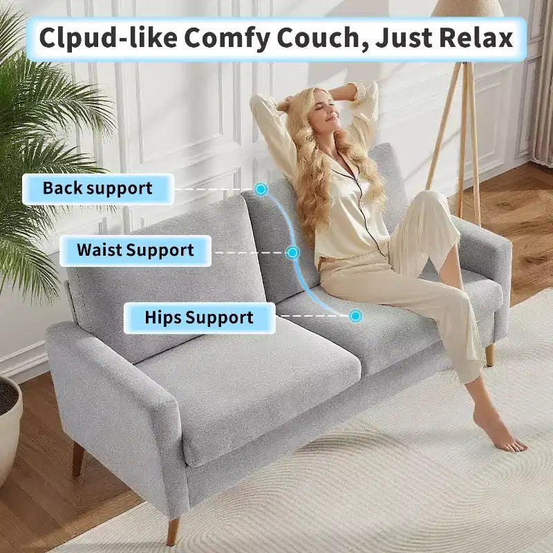 Canapé causeuse 68", petit canapé moderne du milieu du siècle pour salon, 2 places en tissu de lin avec coussin profond et cadre en bois massif