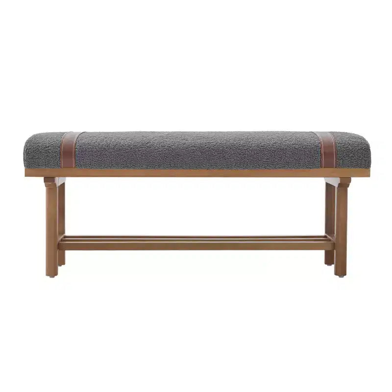 Banc capitonné en molleton Teddy 112 cm avec cadre en bois massif, banc moderne du milieu du siècle avec sangles en PU pour le salon et la chambre