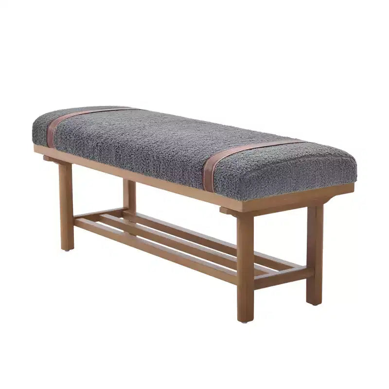 Banc capitonné en molleton Teddy 112 cm avec cadre en bois massif, banc moderne du milieu du siècle avec sangles en PU pour le salon et la chambre