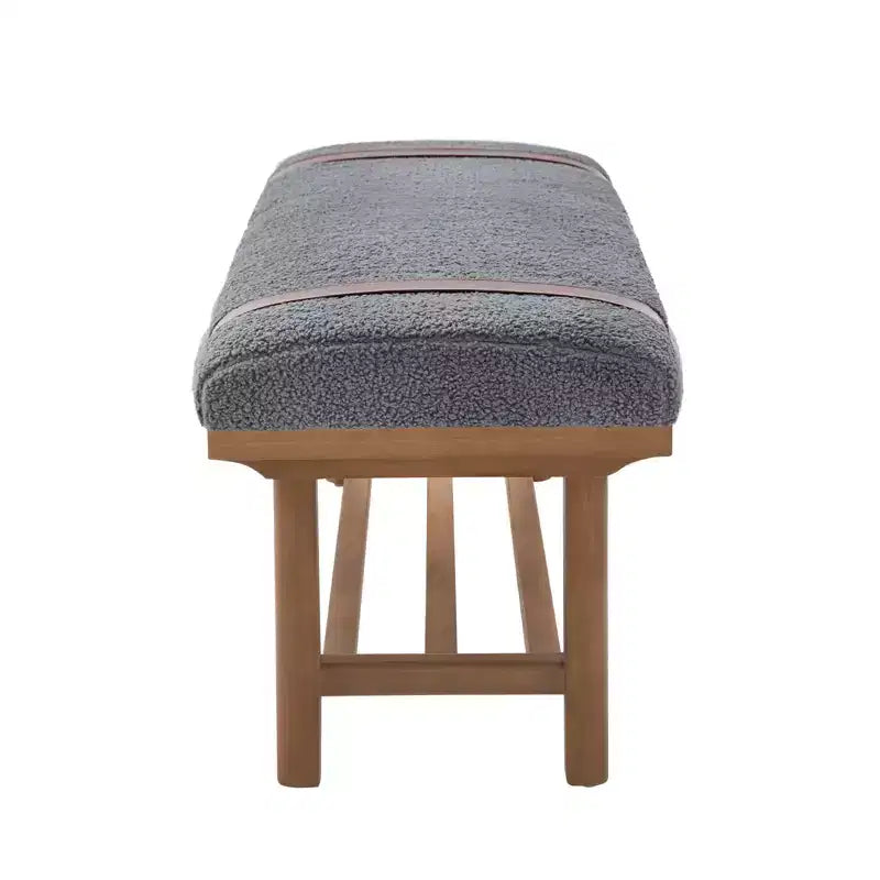 Banc capitonné en molleton Teddy 112 cm avec cadre en bois massif, banc moderne du milieu du siècle avec sangles en PU pour le salon et la chambre