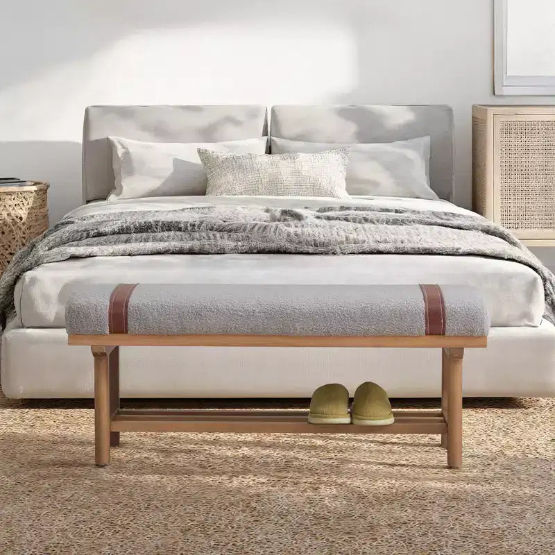 Banc capitonné en molleton Teddy 112 cm avec cadre en bois massif, banc moderne du milieu du siècle avec sangles en PU pour le salon et la chambre