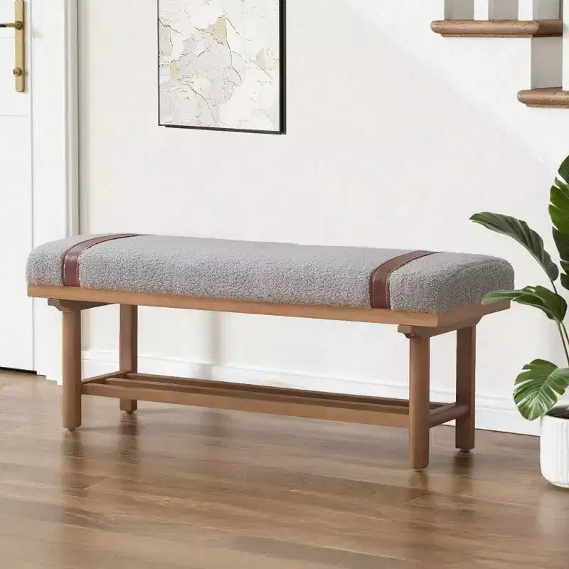 Banc capitonné en molleton Teddy 112 cm avec cadre en bois massif, banc moderne du milieu du siècle avec sangles en PU pour le salon et la chambre