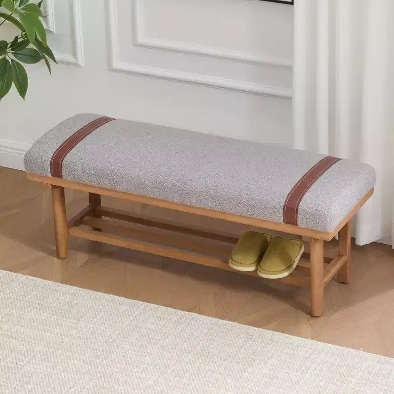 Banc capitonné en molleton Teddy 112 cm avec cadre en bois massif, banc moderne du milieu du siècle avec sangles en PU pour le salon et la chambre