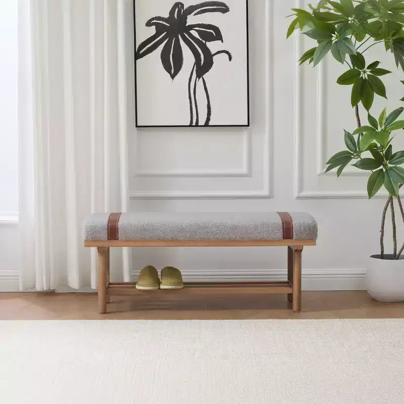 Banc capitonné en molleton Teddy 112 cm avec cadre en bois massif, banc moderne du milieu du siècle avec sangles en PU pour le salon et la chambre