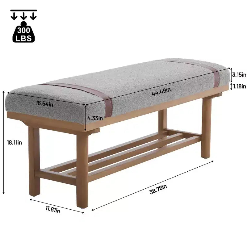 Banc capitonné en molleton Teddy 112 cm avec cadre en bois massif, banc moderne du milieu du siècle avec sangles en PU pour le salon et la chambre