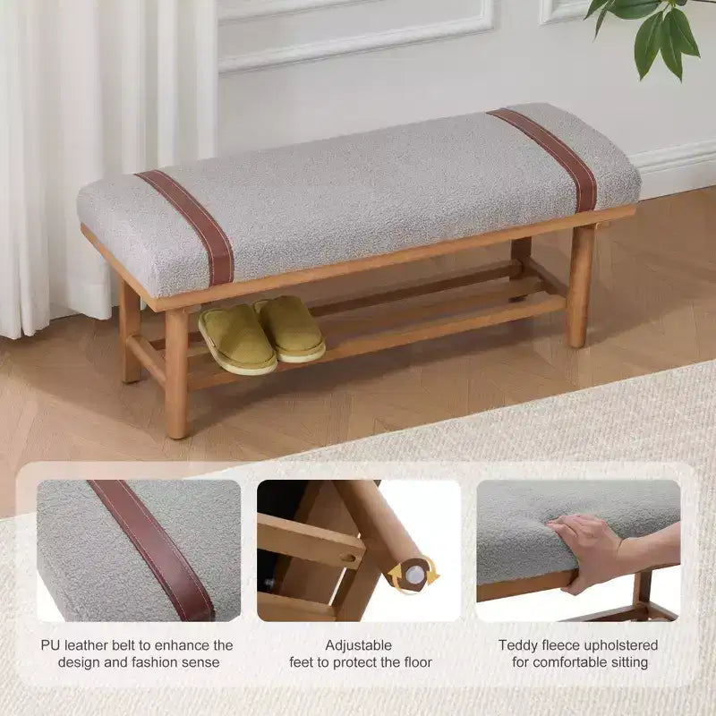 Banc capitonné en molleton Teddy 112 cm avec cadre en bois massif, banc moderne du milieu du siècle avec sangles en PU pour le salon et la chambre