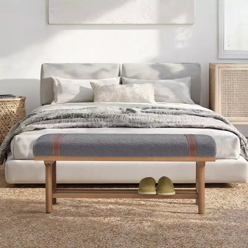 Banc capitonné en molleton Teddy 112 cm avec cadre en bois massif, banc moderne du milieu du siècle avec sangles en PU pour le salon et la chambre