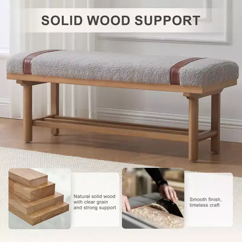 Banc capitonné en molleton Teddy 112 cm avec cadre en bois massif, banc moderne du milieu du siècle avec sangles en PU pour le salon et la chambre