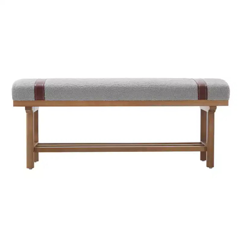 Banc capitonné en molleton Teddy 112 cm avec cadre en bois massif, banc moderne du milieu du siècle avec sangles en PU pour le salon et la chambre