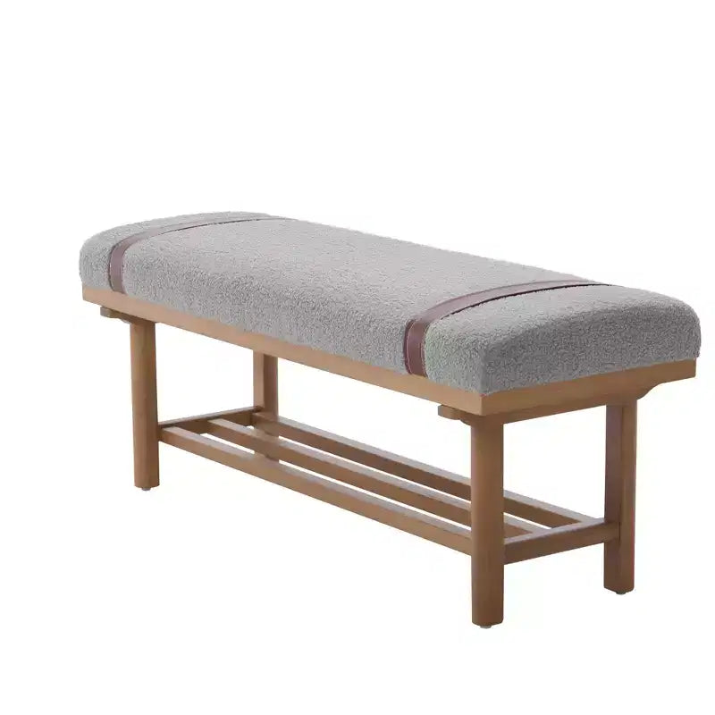 Banc capitonné en molleton Teddy 112 cm avec cadre en bois massif, banc moderne du milieu du siècle avec sangles en PU pour le salon et la chambre