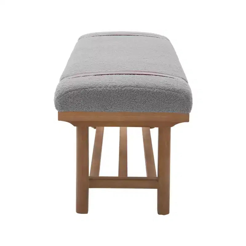 Banc capitonné en molleton Teddy 112 cm avec cadre en bois massif, banc moderne du milieu du siècle avec sangles en PU pour le salon et la chambre