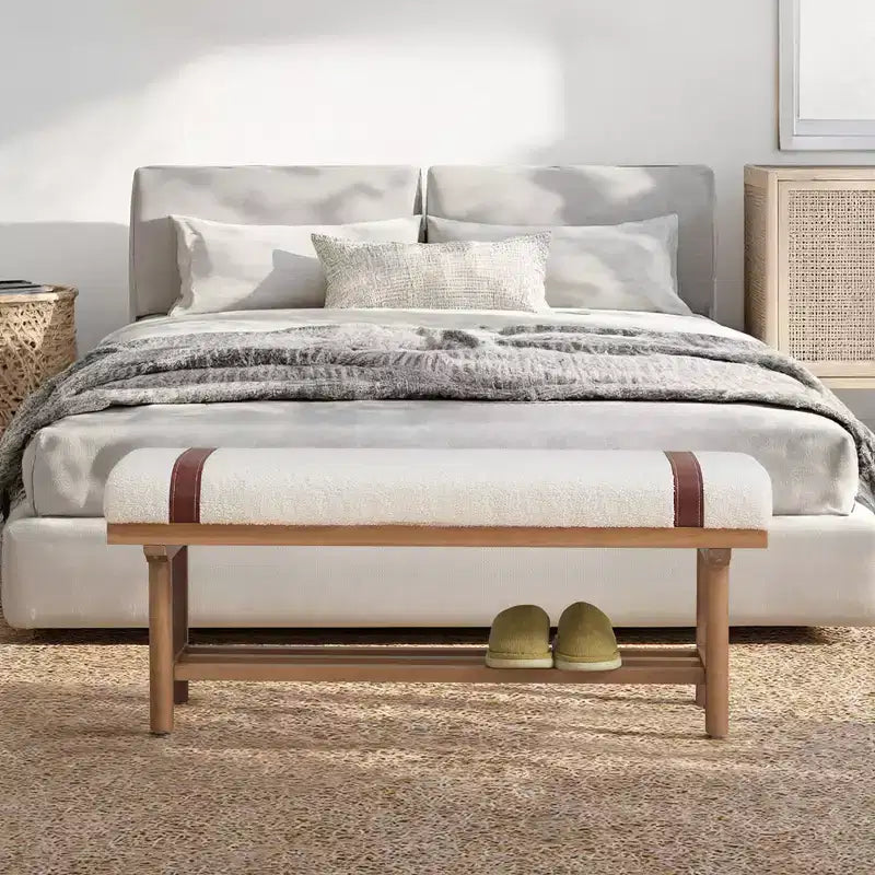 Banc capitonné en molleton Teddy 112 cm avec cadre en bois massif, banc moderne du milieu du siècle avec sangles en PU pour le salon et la chambre