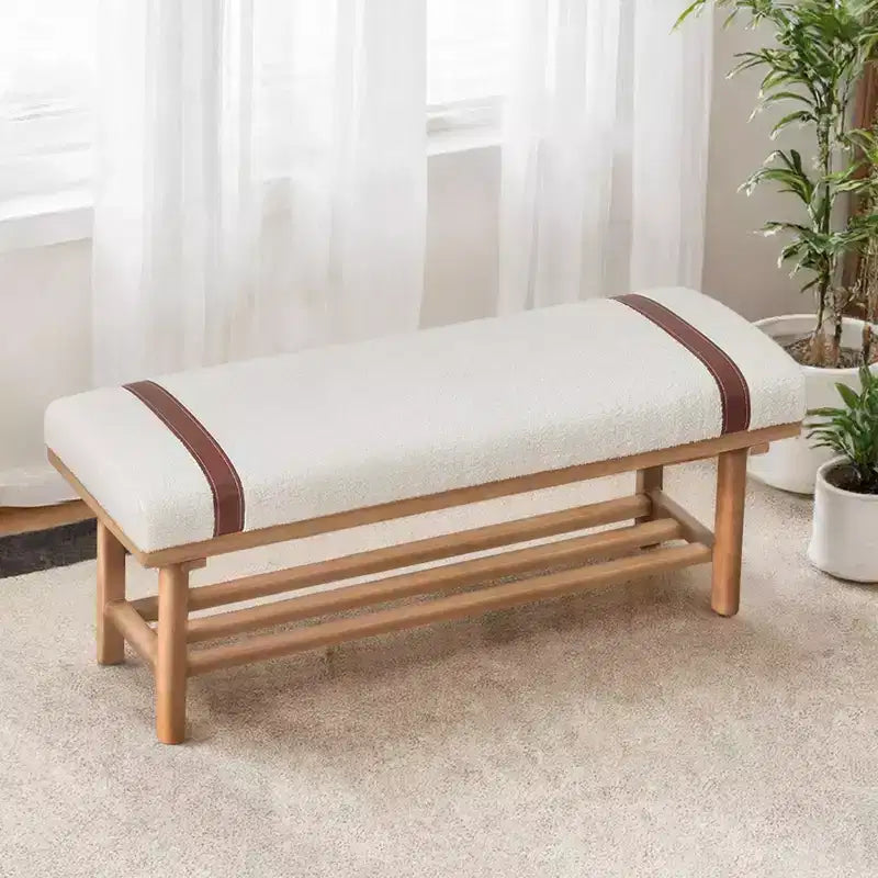 Banc capitonné en molleton Teddy 112 cm avec cadre en bois massif, banc moderne du milieu du siècle avec sangles en PU pour le salon et la chambre