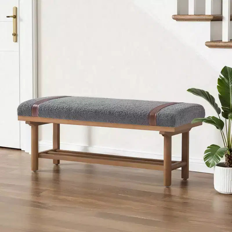Banc capitonné en molleton Teddy 112 cm avec cadre en bois massif, banc moderne du milieu du siècle avec sangles en PU pour le salon et la chambre
