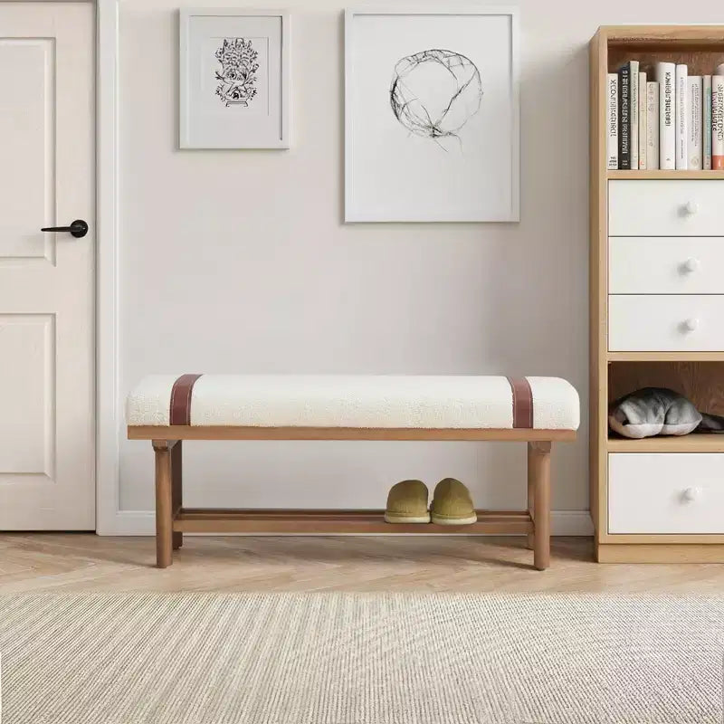 Banc capitonné en molleton Teddy 112 cm avec cadre en bois massif, banc moderne du milieu du siècle avec sangles en PU pour le salon et la chambre