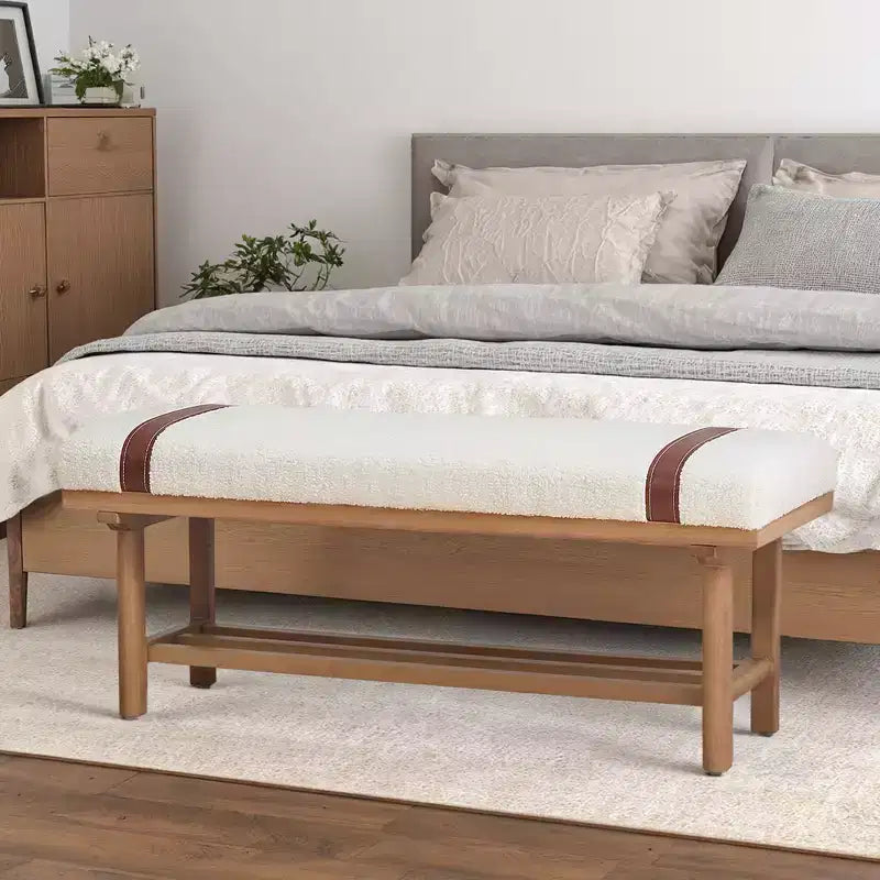 Banc capitonné en molleton Teddy 112 cm avec cadre en bois massif, banc moderne du milieu du siècle avec sangles en PU pour le salon et la chambre
