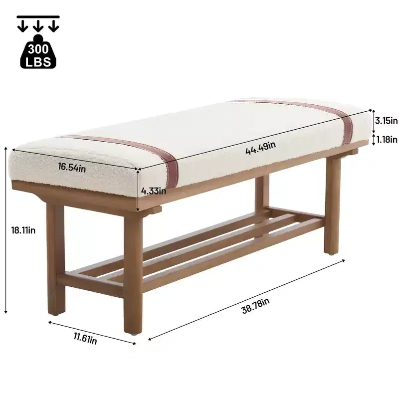 Banc capitonné en molleton Teddy 112 cm avec cadre en bois massif, banc moderne du milieu du siècle avec sangles en PU pour le salon et la chambre