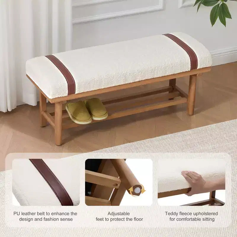 Banc capitonné en molleton Teddy 112 cm avec cadre en bois massif, banc moderne du milieu du siècle avec sangles en PU pour le salon et la chambre