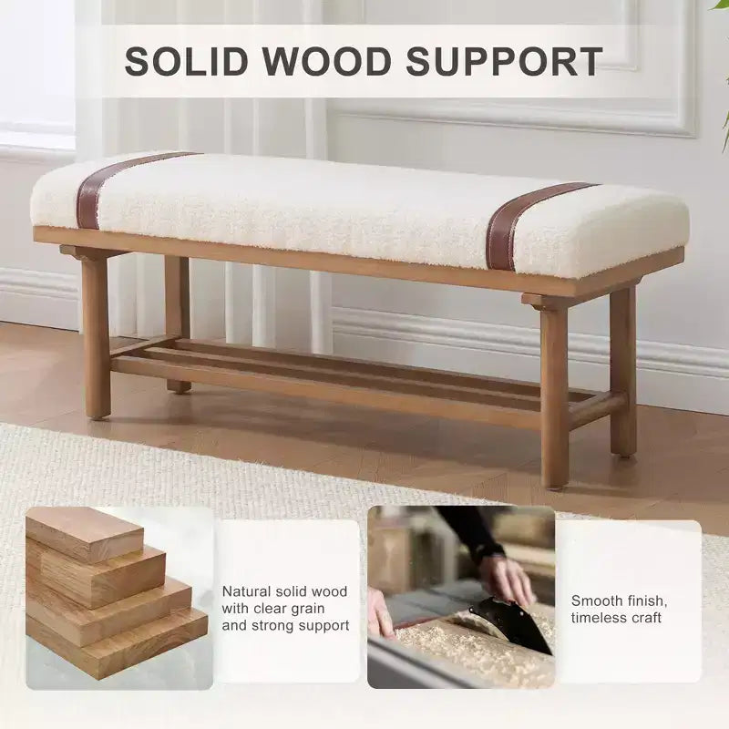 Banc capitonné en molleton Teddy 112 cm avec cadre en bois massif, banc moderne du milieu du siècle avec sangles en PU pour le salon et la chambre