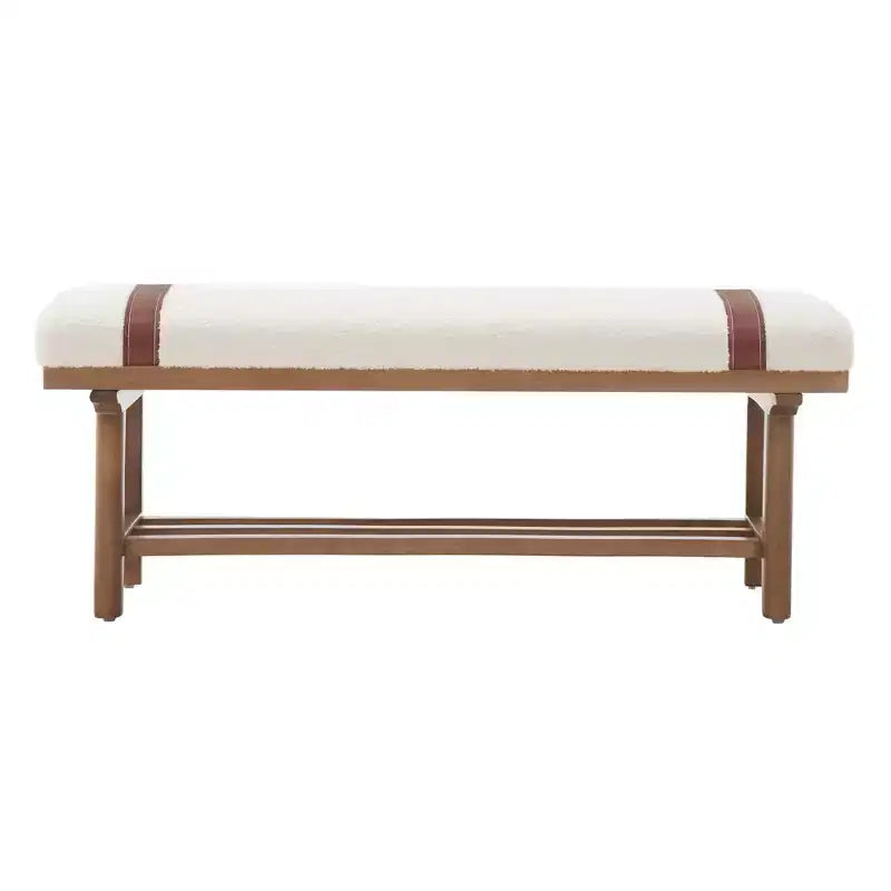 Banc capitonné en molleton Teddy 112 cm avec cadre en bois massif, banc moderne du milieu du siècle avec sangles en PU pour le salon et la chambre