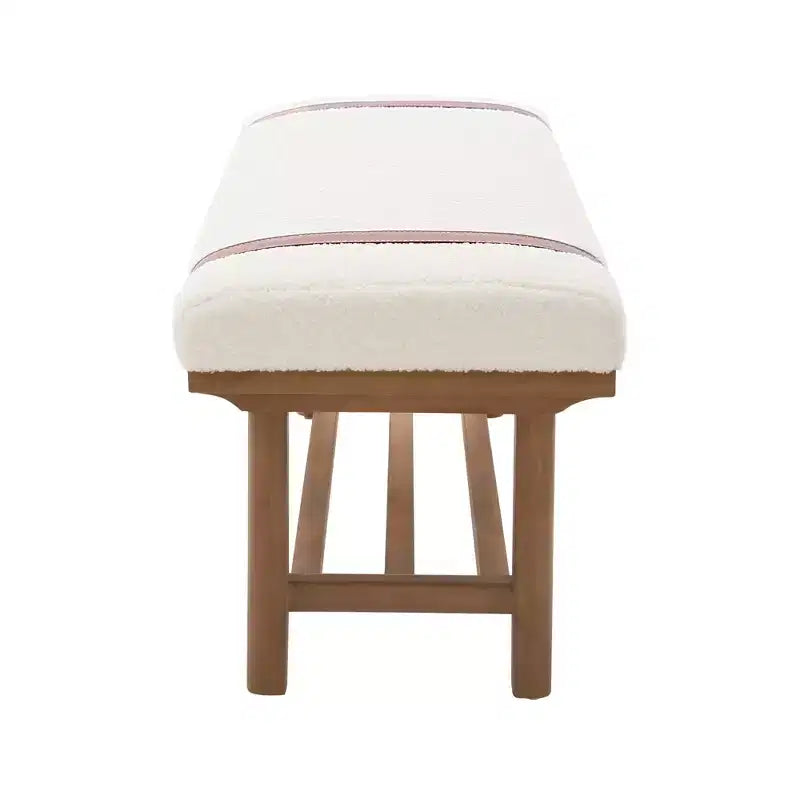 Banc capitonné en molleton Teddy 112 cm avec cadre en bois massif, banc moderne du milieu du siècle avec sangles en PU pour le salon et la chambre
