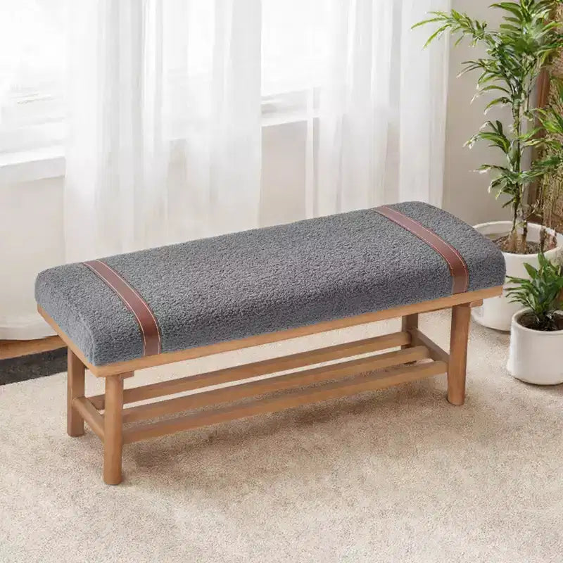 Banc capitonné en molleton Teddy 112 cm avec cadre en bois massif, banc moderne du milieu du siècle avec sangles en PU pour le salon et la chambre