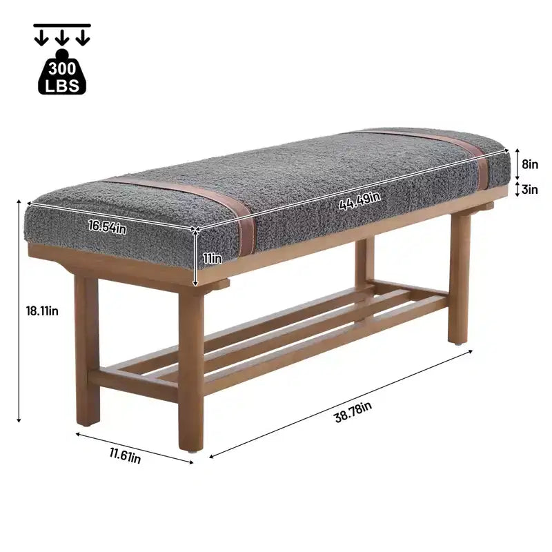 Banc capitonné en molleton Teddy 112 cm avec cadre en bois massif, banc moderne du milieu du siècle avec sangles en PU pour le salon et la chambre