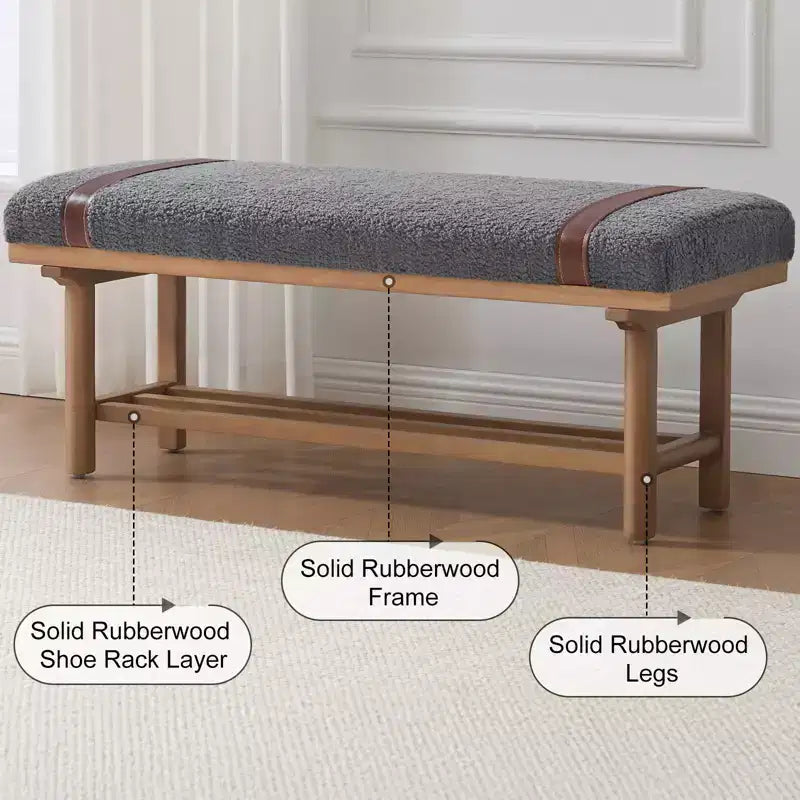 Banc capitonné en molleton Teddy 112 cm avec cadre en bois massif, banc moderne du milieu du siècle avec sangles en PU pour le salon et la chambre
