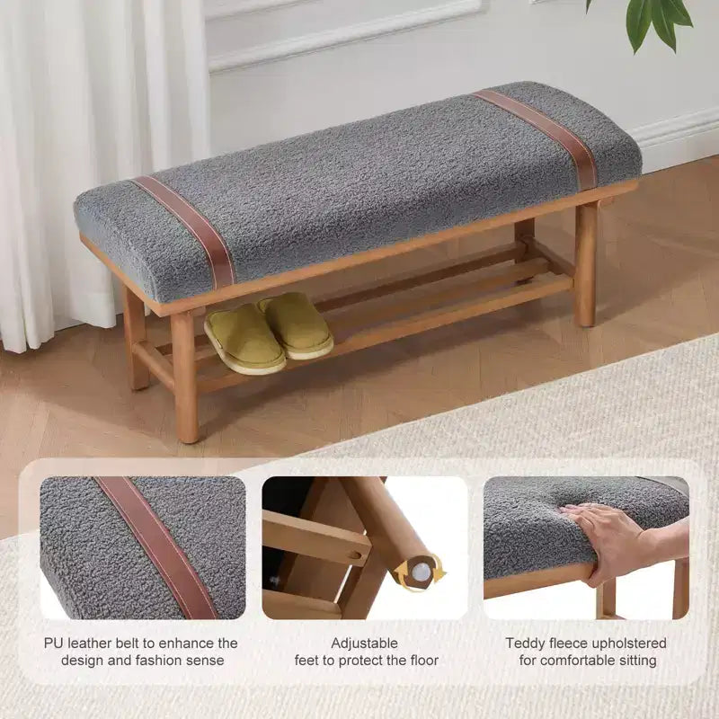 Banc capitonné en molleton Teddy 112 cm avec cadre en bois massif, banc moderne du milieu du siècle avec sangles en PU pour le salon et la chambre