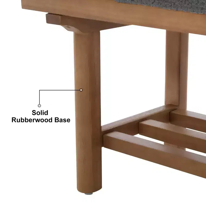 Banc capitonné en molleton Teddy 112 cm avec cadre en bois massif, banc moderne du milieu du siècle avec sangles en PU pour le salon et la chambre