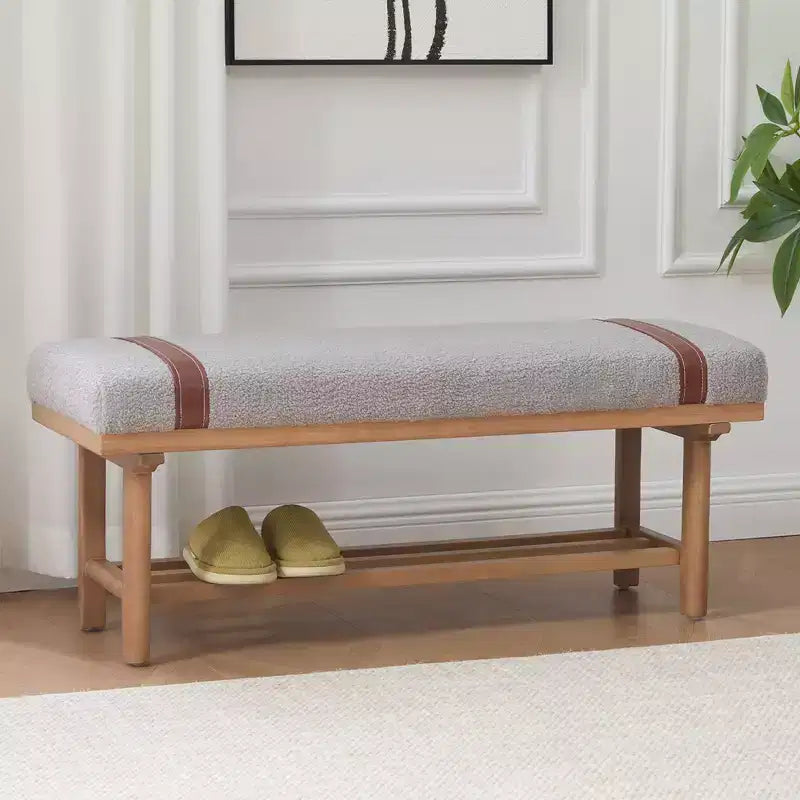 Banc capitonné en molleton Teddy 112 cm avec cadre en bois massif, banc moderne du milieu du siècle avec sangles en PU pour le salon et la chambre