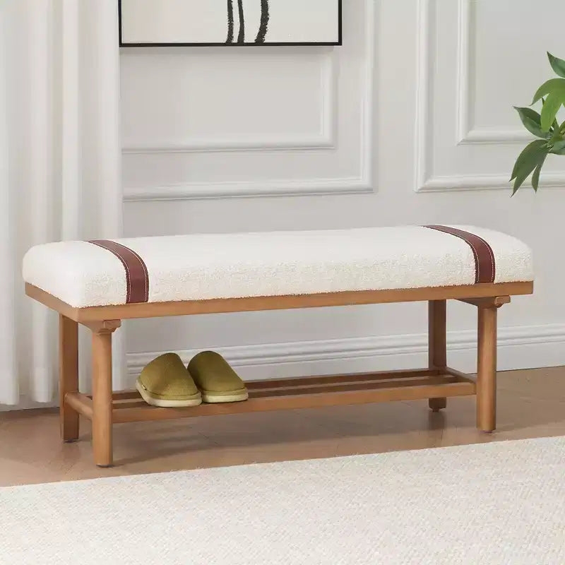 Banc capitonné en molleton Teddy 112 cm avec cadre en bois massif, banc moderne du milieu du siècle avec sangles en PU pour le salon et la chambre