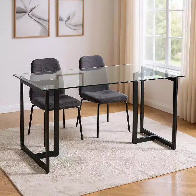 55" Clear and Black Glass and Metal Dining Table