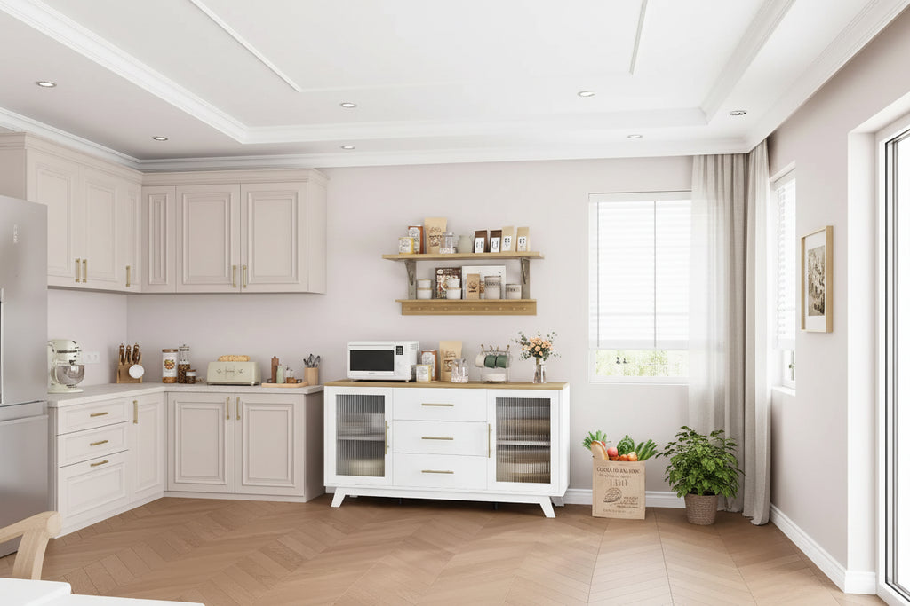 Bahut moderne avec portes en verre cannelé, 3 tiroirs, étagère réglable pour salle à manger ou salon