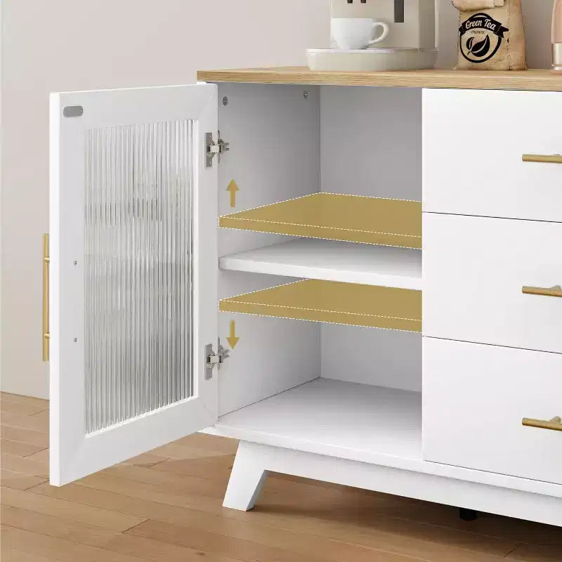 Bahut moderne avec portes en verre cannelé, 3 tiroirs, étagère réglable pour salle à manger ou salon