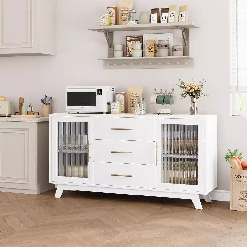 Bahut moderne avec portes en verre cannelé, 3 tiroirs, étagère réglable pour salle à manger ou salon