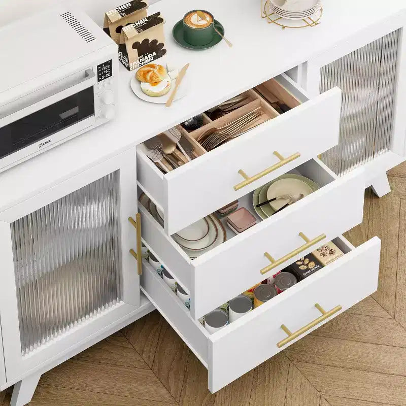 Bahut moderne avec portes en verre cannelé, 3 tiroirs, étagère réglable pour salle à manger ou salon