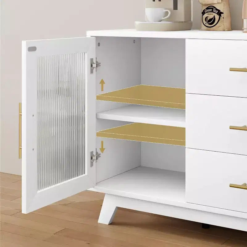 Bahut moderne avec portes en verre cannelé, 3 tiroirs, étagère réglable pour salle à manger ou salon