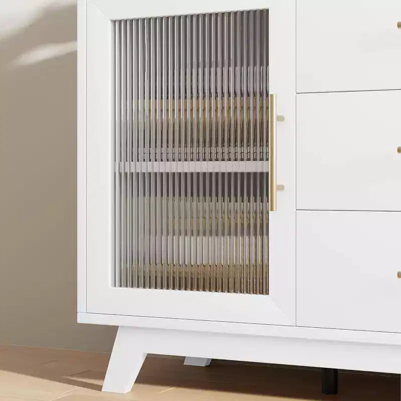 Bahut moderne avec portes en verre cannelé, 3 tiroirs, étagère réglable pour salle à manger ou salon