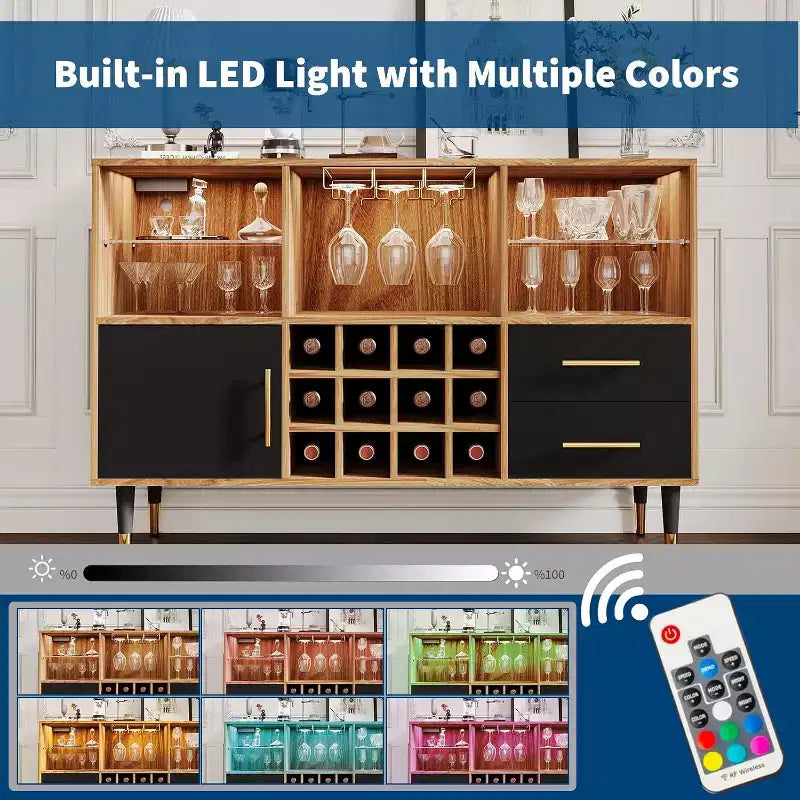 Bar à vin 47" avec lumières LED et station de charge, meuble bar moderne avec casier à vin et rangements