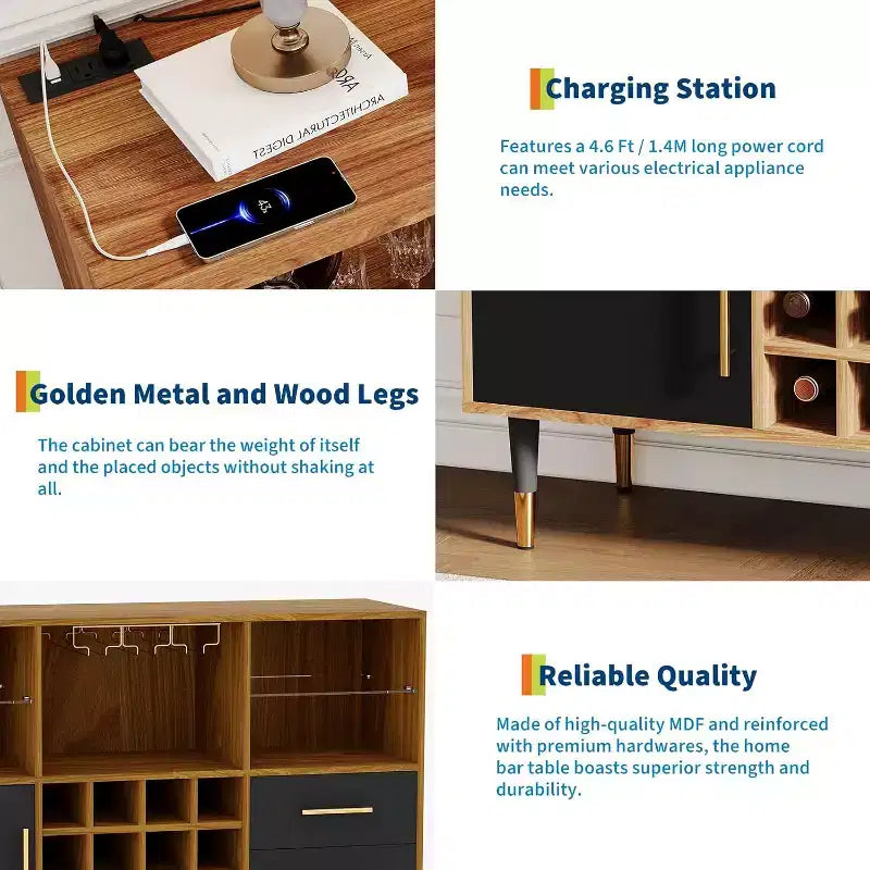 Bar à vin 47" avec lumières LED et station de charge, meuble bar moderne avec casier à vin et rangements