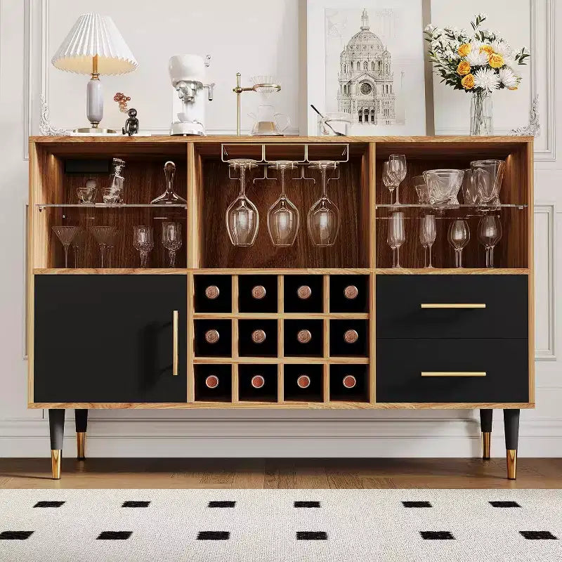 Bar à vin 47" avec lumières LED et station de charge, meuble bar moderne avec casier à vin et rangements